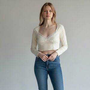 Princess Polly White Lace Trim Long Sleeve Crop Top Cottagecore Coquette Size 6